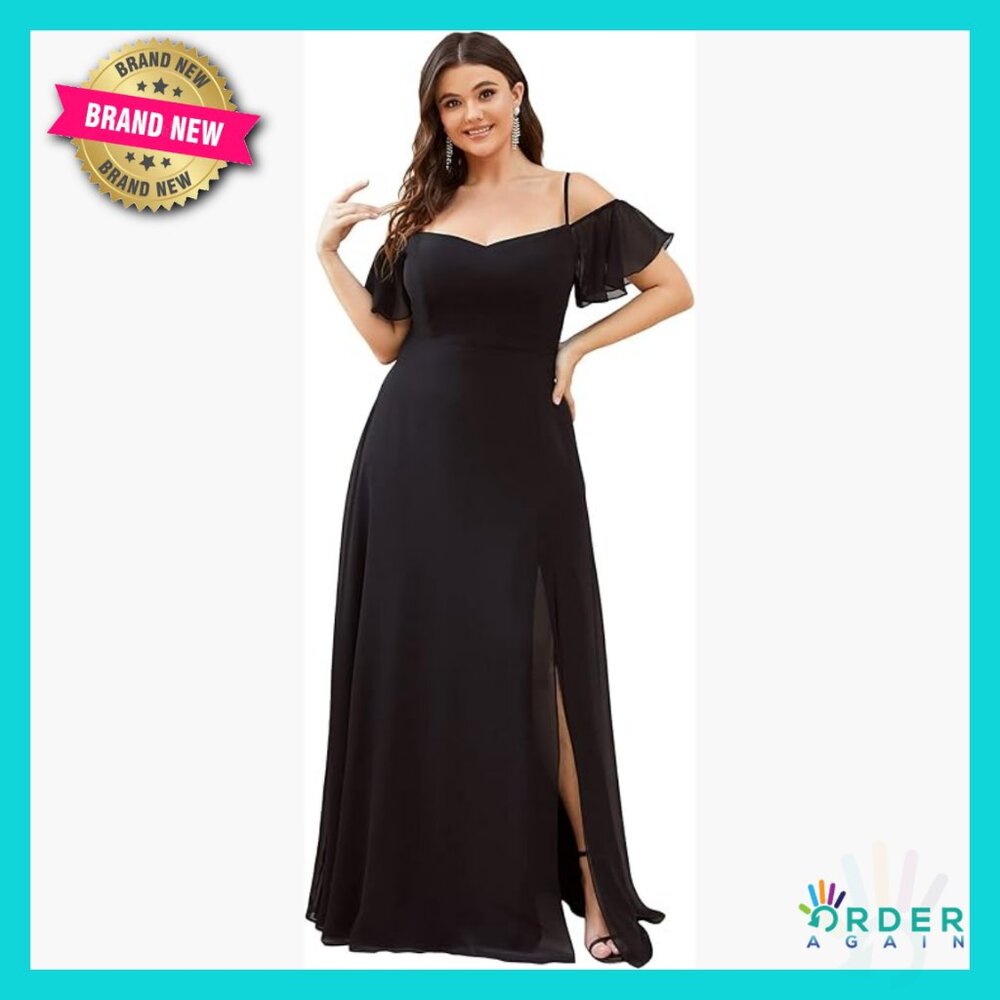 Off Shoulder Ruffles Sleeves Side Slit Chiffon Formal Dress Elegant A-Line